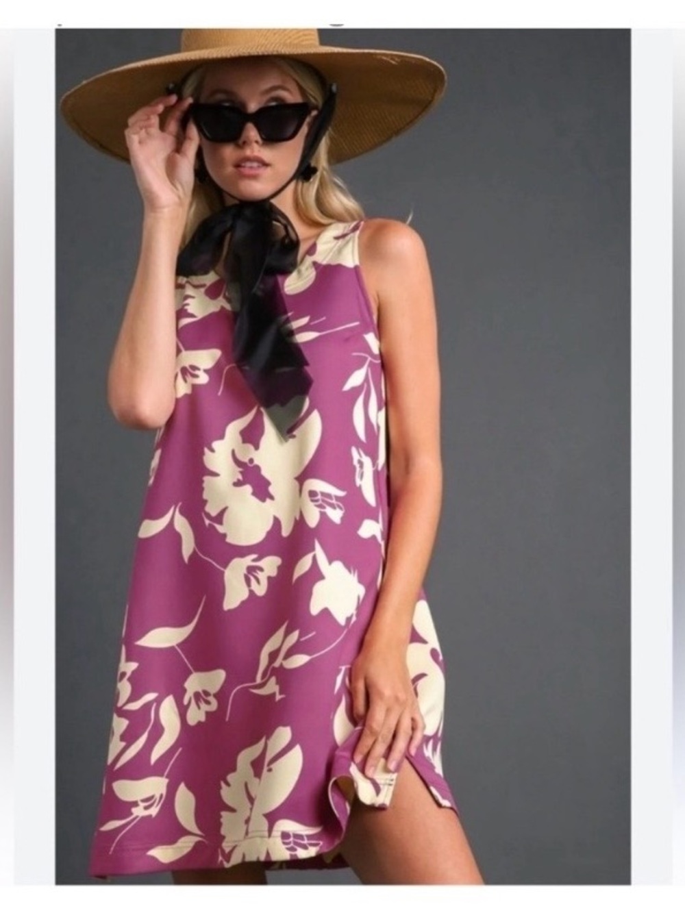 Umgee Purple and Cream Floral Sleeveless Mini Dress